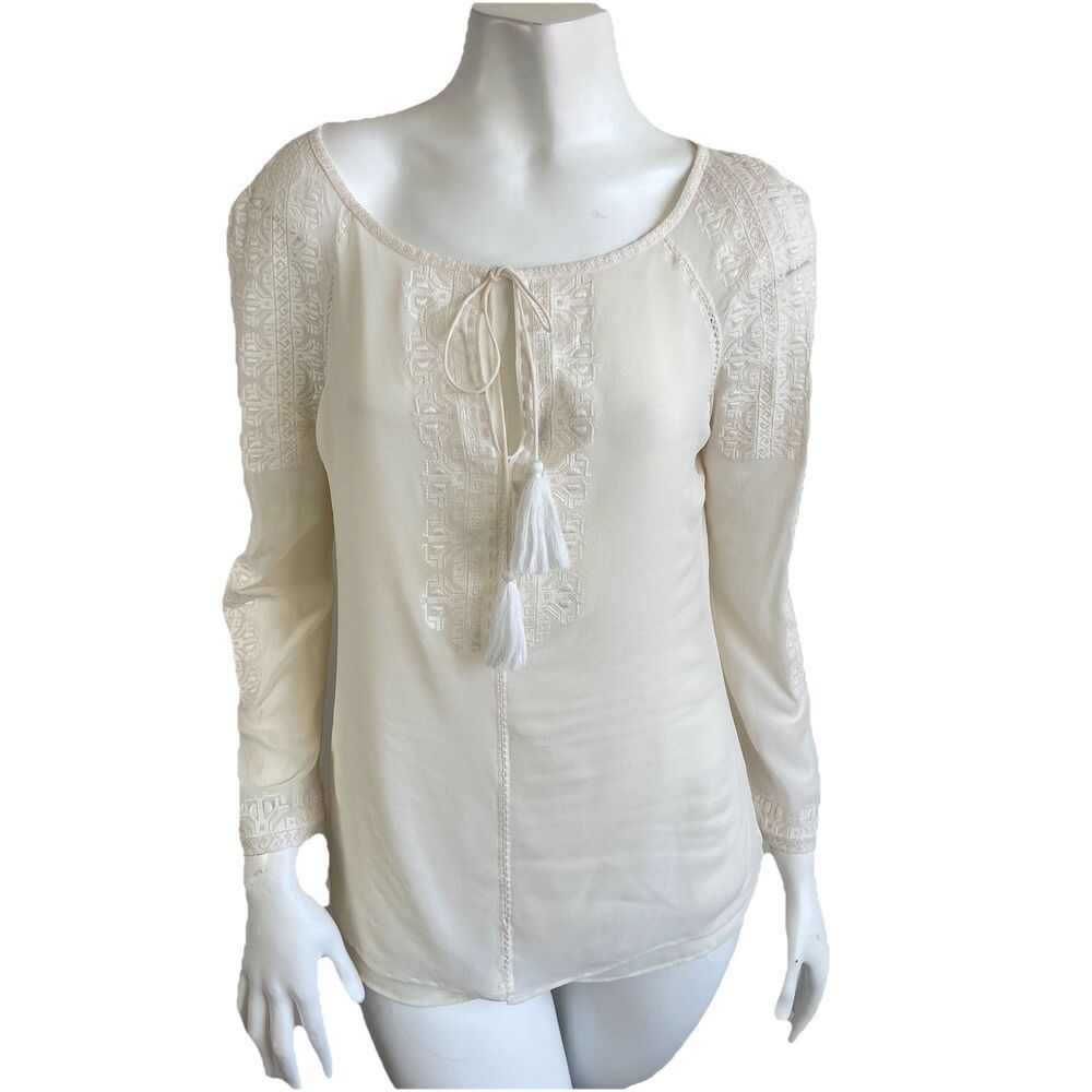 Tory Burch Silk Blouse Top Embroidered Tassel 6 Cream‎ Romantic Dainty Popover
